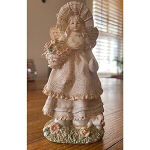 Vintage Garden Fairy Figurine w/ FLower Basket, Sun Hat and SMiling Turtle
